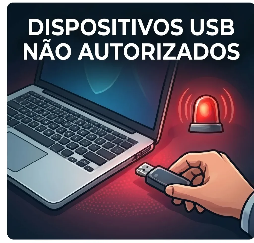 Pendrive USB não autorizado conectado a notebook com alerta