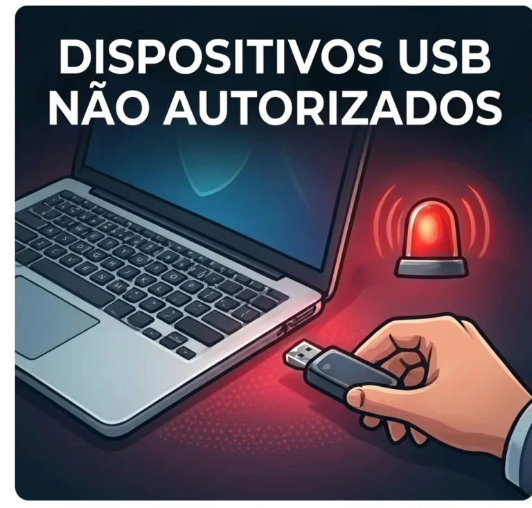 Pendrive USB não autorizado conectado a notebook com alerta