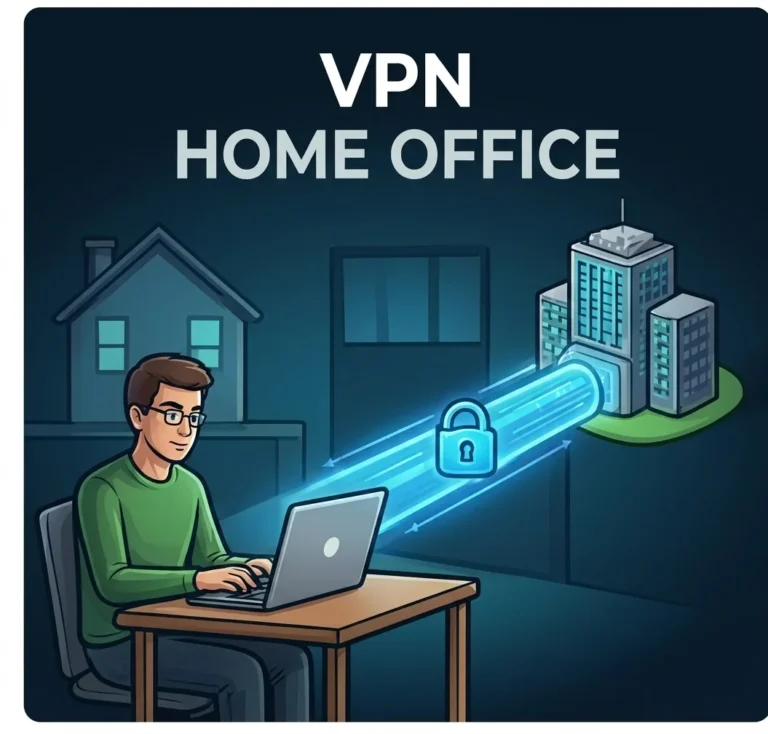 Ilustração de conexão VPN segura entre home office e escritório