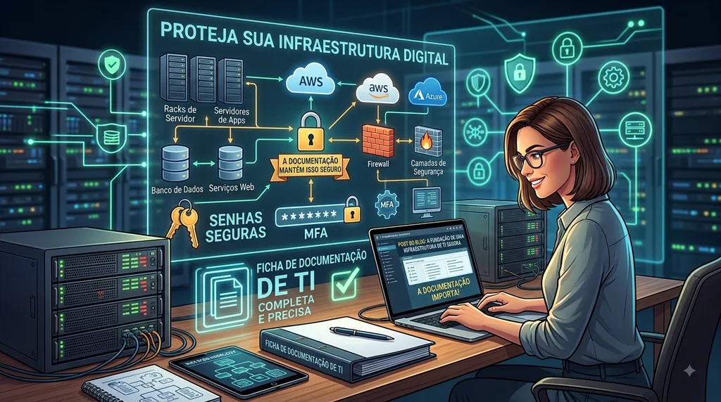 Profissional de TI trabalhando com documentação de infraestrutura de servidores