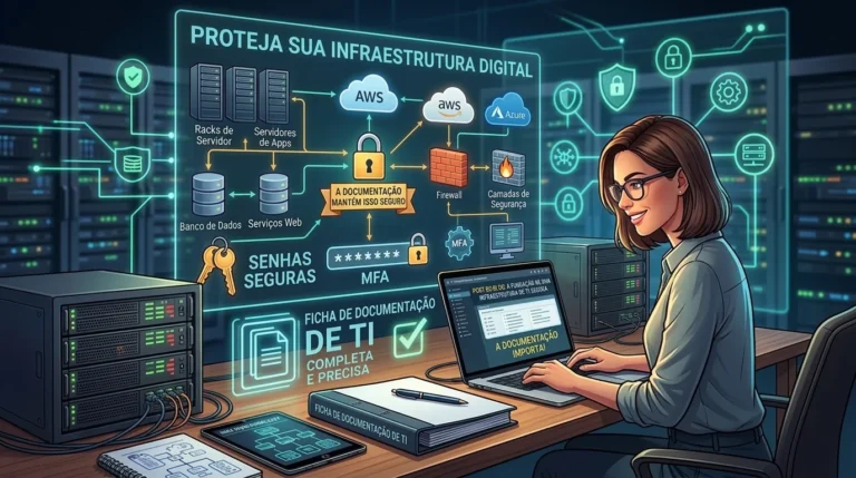 Profissional de TI trabalhando com documentação de infraestrutura de servidores