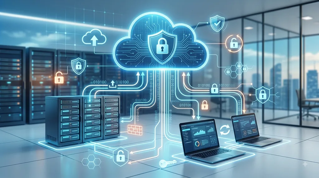 Servidores conectados a serviços de backup em nuvem com camadas de segurança