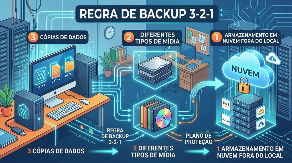 Ilustração da regra de backup 3-2-1: 3 cópias, 2 mídias, 1 fora do local