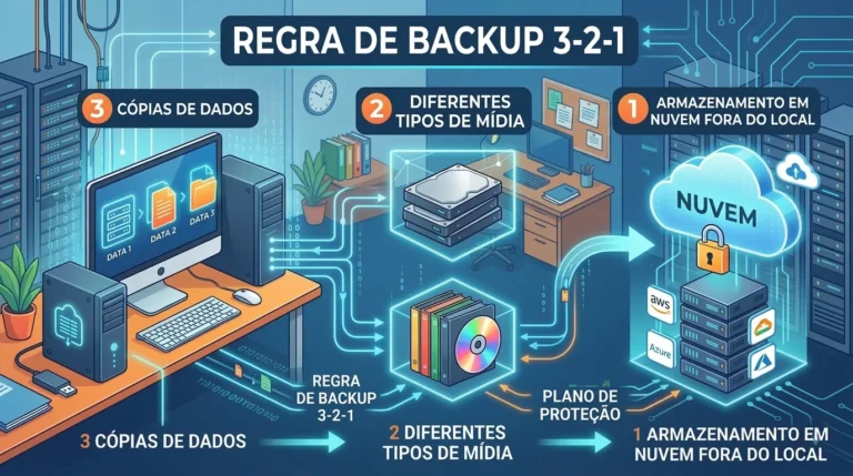 Ilustração da regra de backup 3-2-1: 3 cópias, 2 mídias, 1 fora do local