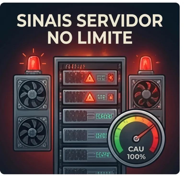 Servidor com luzes de alerta indicando sobrecarga