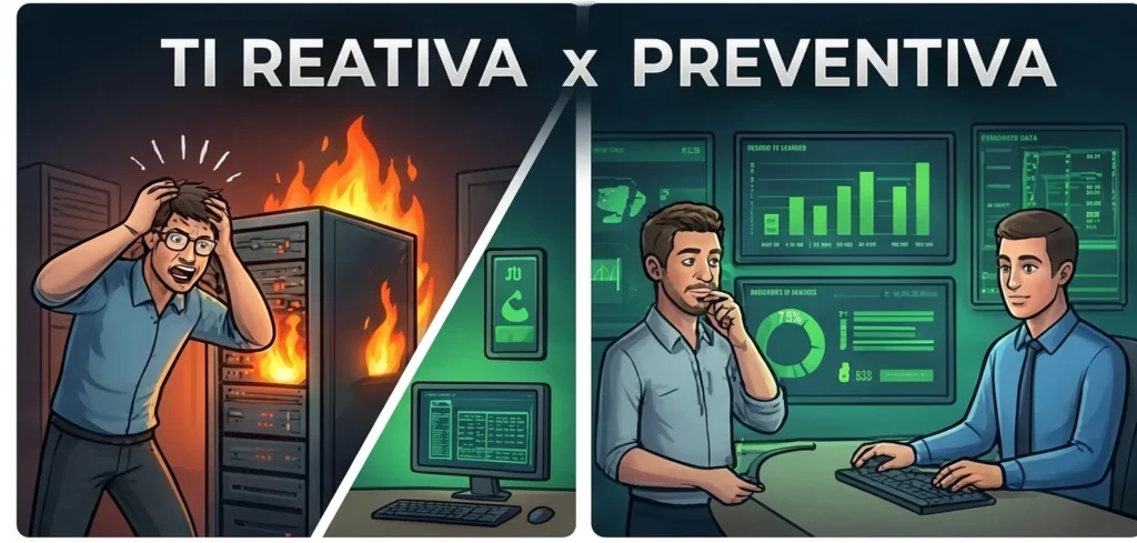 Comparação entre TI reativa em crise e TI preventiva organizada
