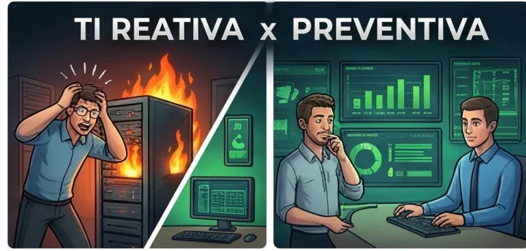 Comparação entre TI reativa em crise e TI preventiva organizada